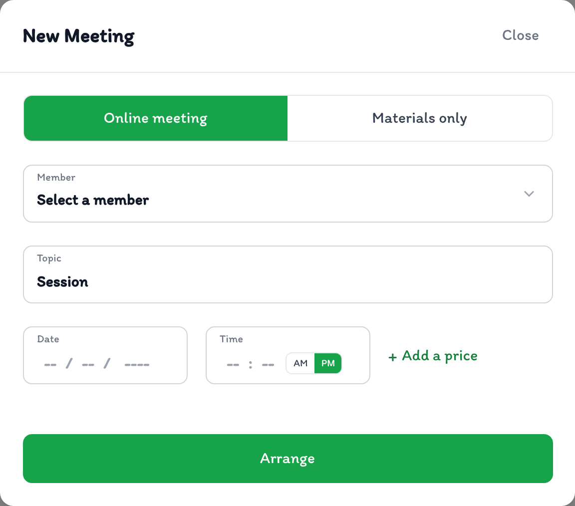 New Meeting window to arrange a session
