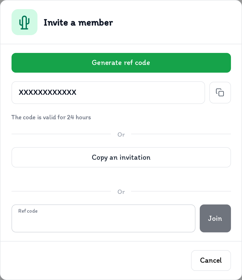 Invite a member window with a ref code