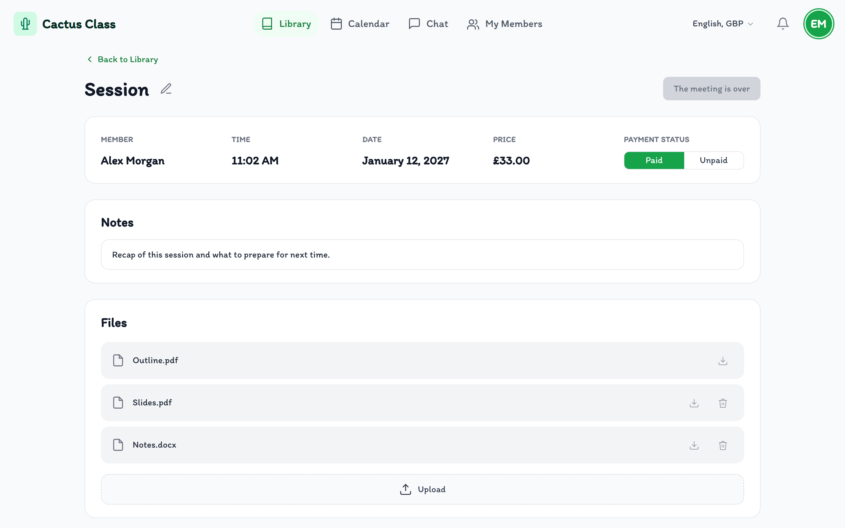 Meeting page with notes, files and Enter after the session