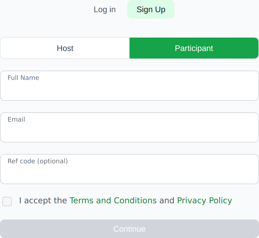 Sign up form on the landing page